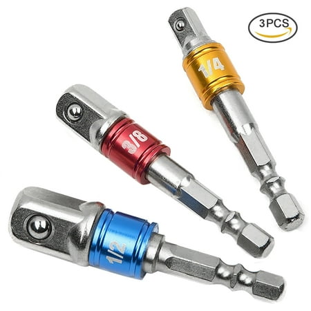 Drill Driver Accessory Set - TOOLTOO Square Driver Socket Adapter Aluminium Alloy Sockets Bit 1/4'' 3/8'' 1/2'' Hex Shank Extension Durable Drill Nut Driver Bits Set with Beads, Set of 3