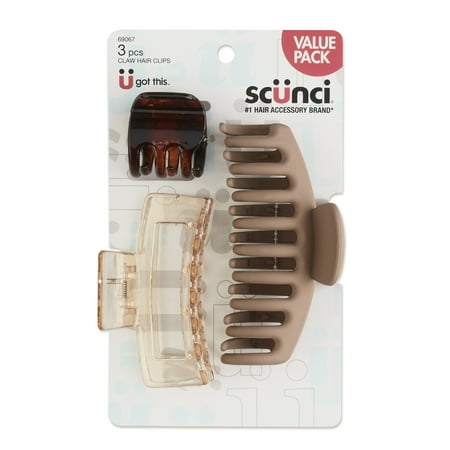 Scunci Plastic Claw Clips in Assorted Shapes and Sizes, Neutral Colors, 3 Ct