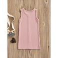 thumbnail image 4 of Gzhioc Kid Girl Sleeveless Dress, Plain Color Round Neck Button Decor Stripe Pattern Dress, Casual Simple One-Piece Clothes,Pink/Apricot/Black, 4 of 8