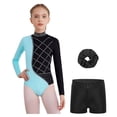 thumbnail image 7 of iiniim Girls 3 Piece Gymnastics Outfits Long Sleeve Leotard with Shorts Hairband Sparkly Ballet Dancewear Light Blue 12, 7 of 7