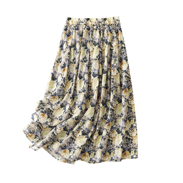Women's Floral Print A-Line Skirt, Elastic Waist Midi Length with Pockets, Casual Lightweight Polyester Skirt for Summer