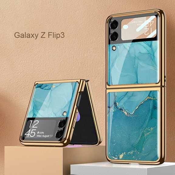 Dteck Case for Samsung Galaxy Z Flip3 5G, Luxury Plating Marble/Striped Pattern Glass Folding Back Phone Protector Case Cover,Skyblue