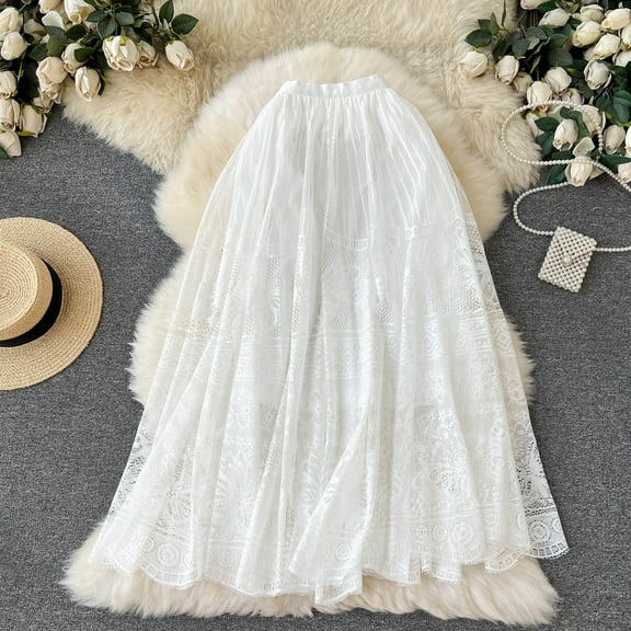 Wancir Women High Waist Pleated A-Line Knee Length Lace Skirt