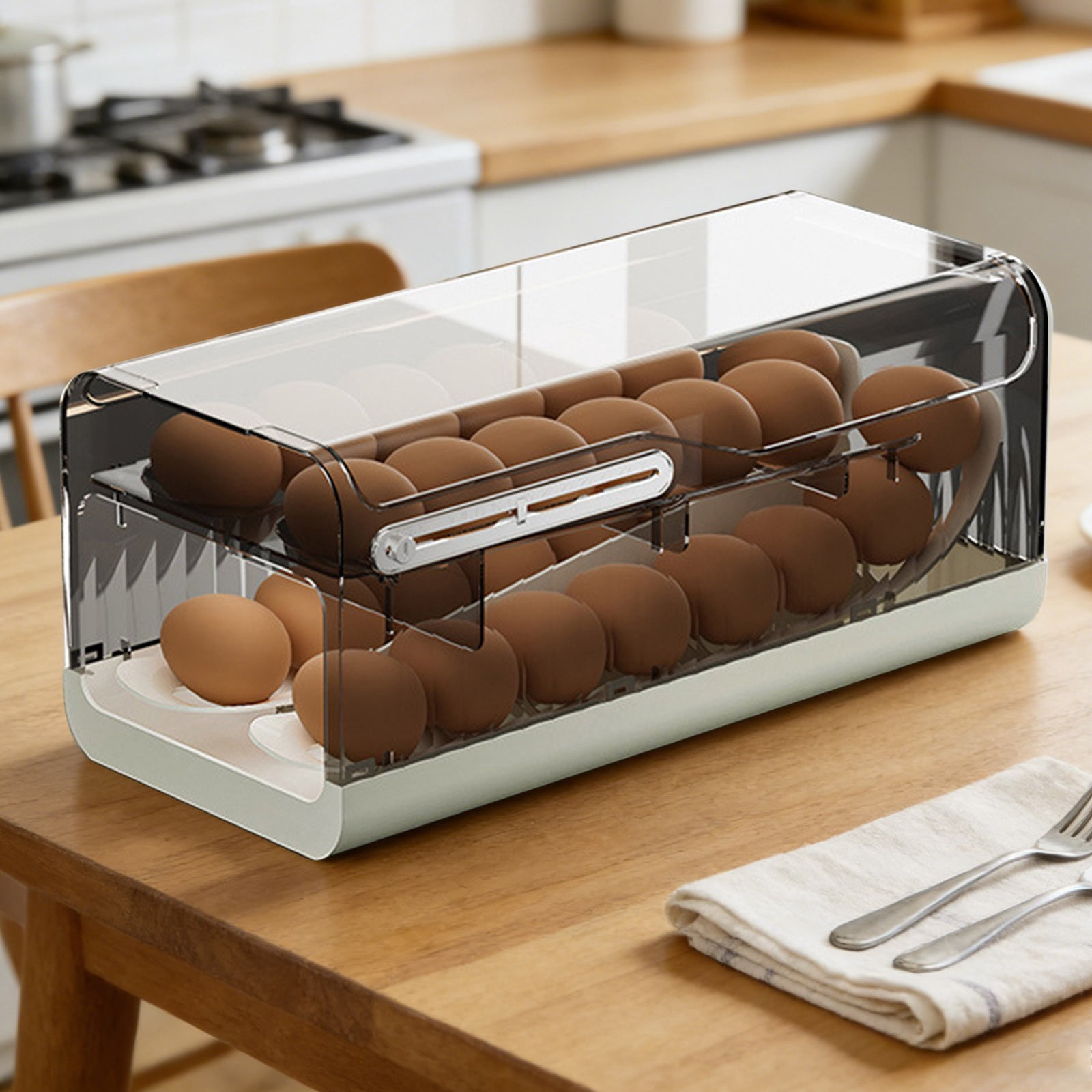 Automatic Rolling Egg Holder for Refrigerator, 2 Layer Stackable Egg Organizer with Lid, Clear Egg Storage Container and Tray for Fridge Door, Large Capacity Space Saving