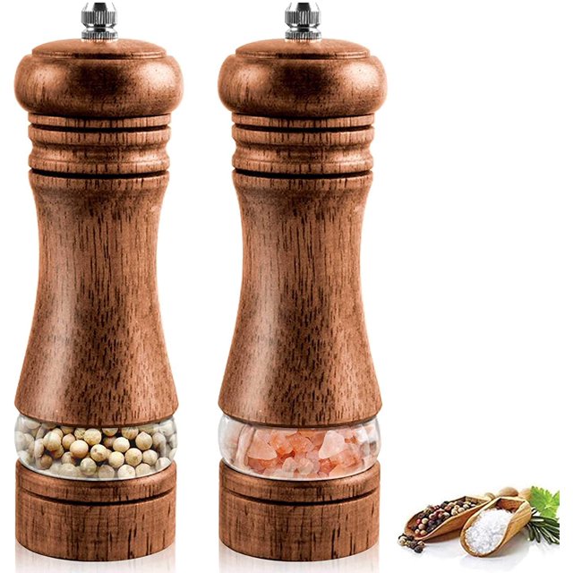Juego de molinillos de sal y pimienta, molinillo de pimienta de madera premium con molinillos de especias, molinillo de sal manual con molinillo de cerámica ajustable, fácil de llenar y recargable (2 Namotu ZH-392-2