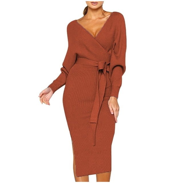 Robe Portefeuille à Manches Longues Mode Femme Tricotée à Manches Longues Col en V Aguichant Moulante Robe Chandail Chaude Robe Chandail Portefeuille Robe à Manches Longues Robe Longue Aguichant