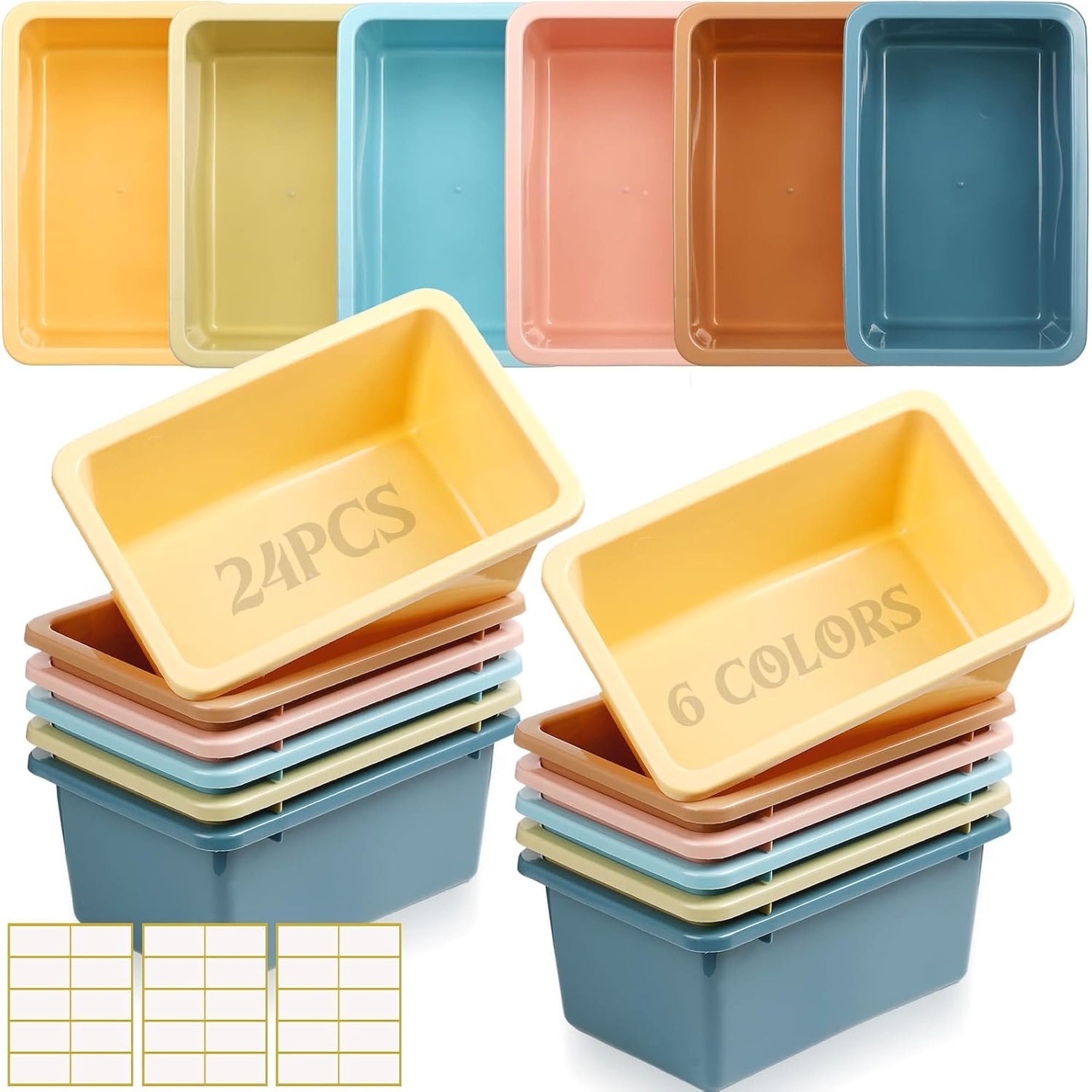 24 count Plastic Cubby Bins with Labels Classroom Book Bins Stackable Storage Container Durable Storage Organizer Baskets for School Classroom Office (Morandi Color)
