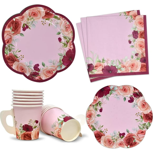 Floral Tea Teacup Party Supplies Set 24 7" Flower Shaped Paper Plates 24 5" Scalloped Saucer Plate 24 7 Oz Tea Cup with Handle 48 Lunch Napkin for Disposable Spring Bridal Baby Shower Wedding Birthday