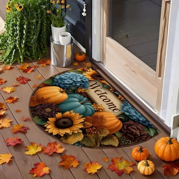 Fall Welcome Doormat 23.6x19.7in Semicircle Floor Mat, Non-Slip Absorbent Entrance Rug for Front Door Porch Indoor Decor