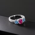 thumbnail image 3 of Gem Stone King 925 Sterling Silver 3-Stone Ring Oval Red Created Ruby and Vivid Persian Blue Moissanite (1.97 Cttw, Size 9), 3 of 4