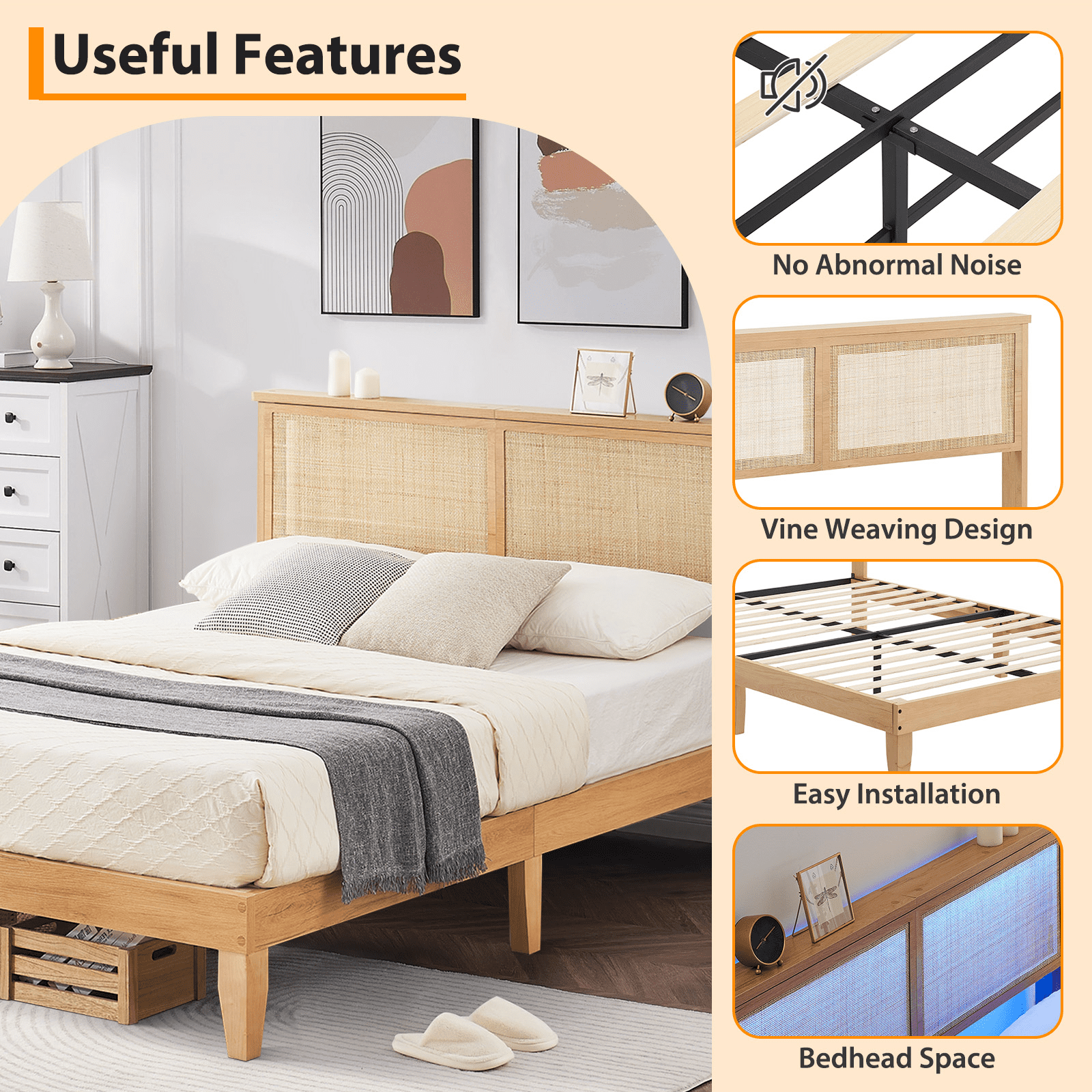 Rattan Queen Bed Frame, Queen Size Bed Frame with Natural Rattan Headboard, Platform Bed Frame with LED Lights, Under Bed Storage and Wooden Legs Support, Noise-Free, No Box Spring Needed