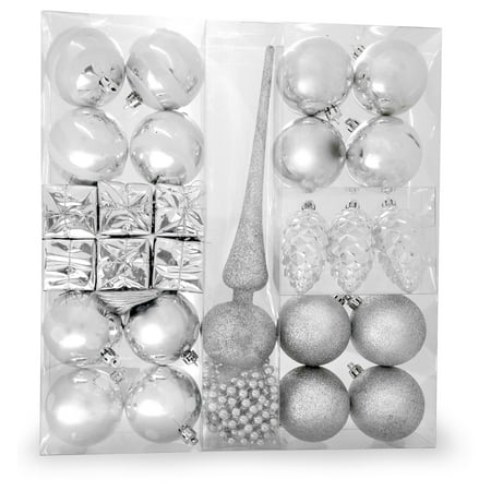 Silver Christmas Decorations - Set of 27 Assorted Shapes - Christmas Balls, Small Silver Presents