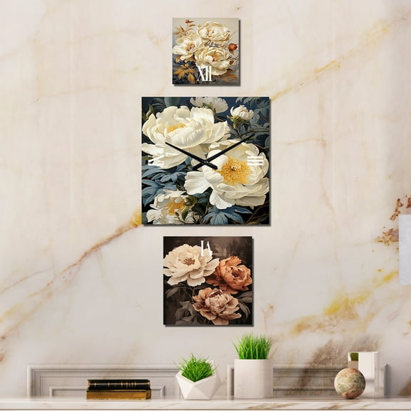 Designart "Unveiled Vintage Peony Botanicals" Peonies Extra large Clock For Office Décor - Large Traditional Wall Clock - Oversized Beige Wall Clock - Set Of 3