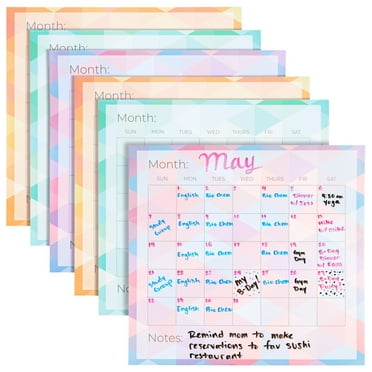 6-Pack Undated Monthly Adhesive Peel and Stick Calendar, Dry Erase Reusable Calendar for Wall, Home Office Schedule Reminders, Memo Notes, 3 Assorted Colors (13.75x12.8 in)