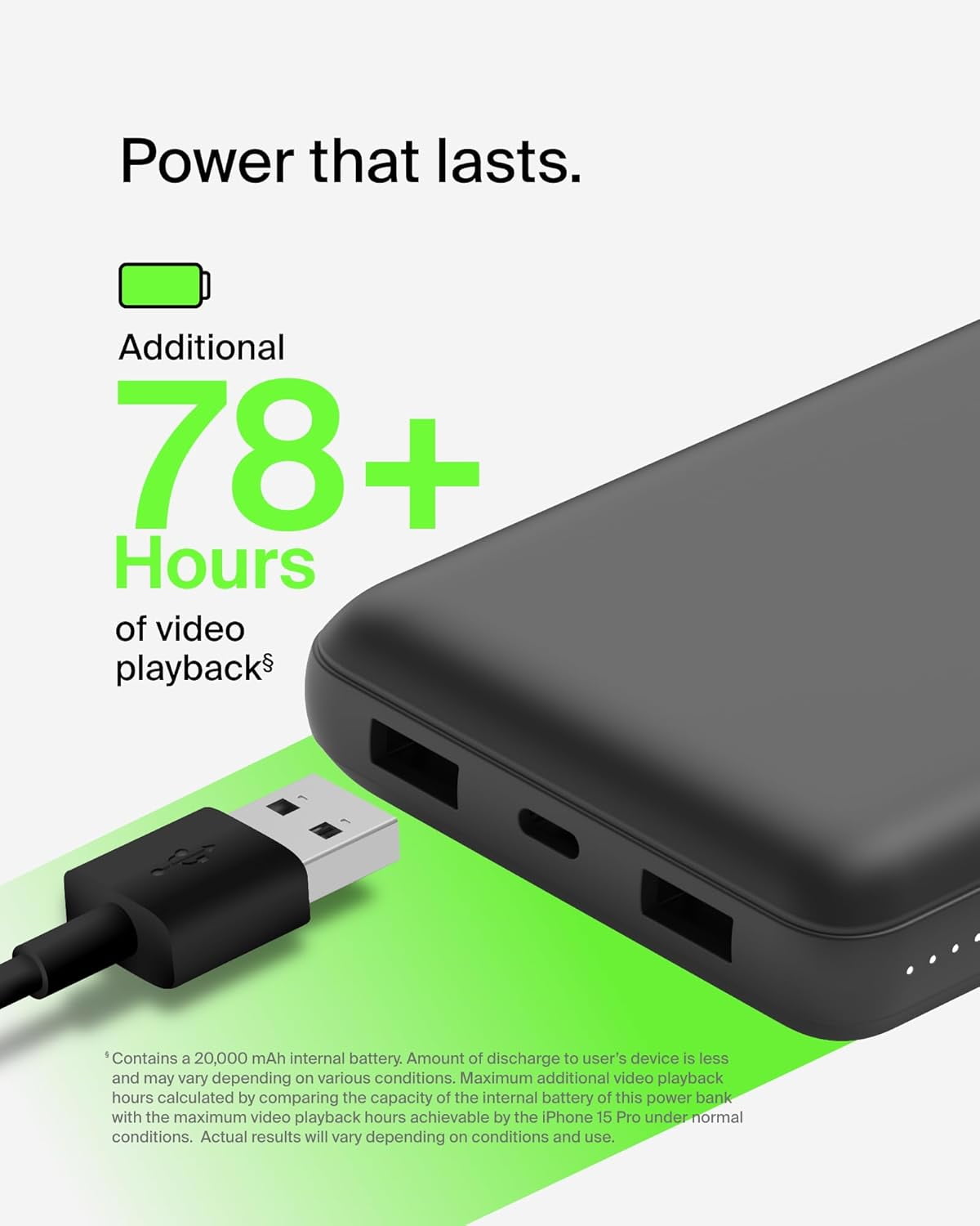 Belkin Portable Charger, USB-C Power Bank 20,000mAh w/ 2 USB-A Ports, 15W w/ Type-A to Type-C Cable for iPhones, Samsung Galaxy & More - Black