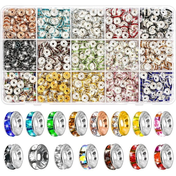 900pcs Rondelle Spacer Beads for Jewelry Making, 8mm Rhinestone Spacer Beads Crystal Bead Spacers for Bracelets, Focal Beads for Pen, 15 Colors