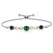 925 Silver and 10K Yellow Gold Green Nano Emerald and Black Onyx and White Lab Grown Diamond Bracelet for Women | 2.15 Cttw | Gemstone May Birthstone | Cushion 6MM | Fully Adjustable 9 inch