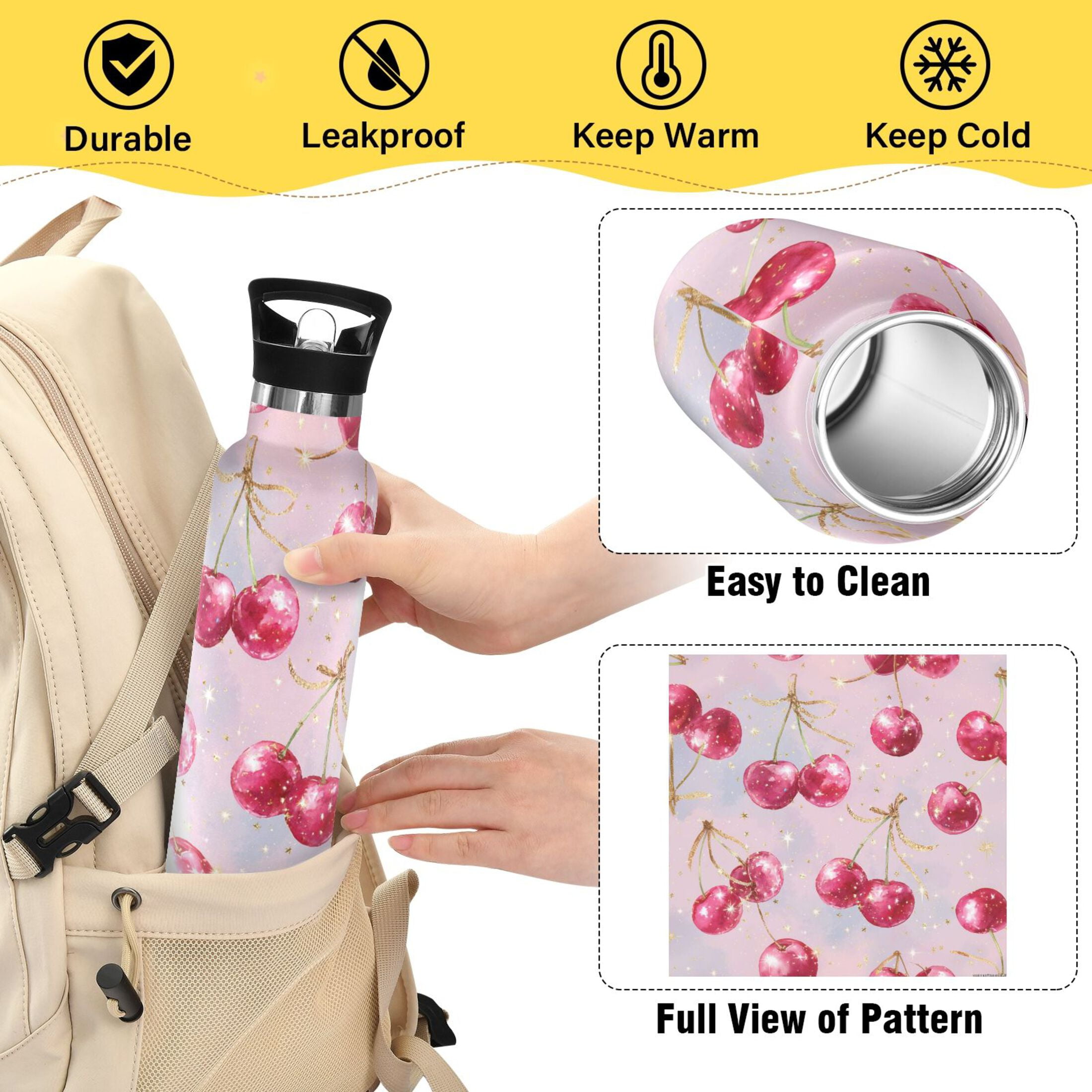Kids Insulated Stainless Steel Sports Water Bottle 600ml (20oz) Watercolor Sparkling Cherries