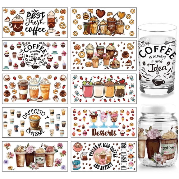 UV DTF Cup Wrap - 10 Sheets Coffee UV DTF Cup Wraps for 16 oz Milk Tea Cake Patterns Rub on Decals Waterproof PVC Transfer Stickers