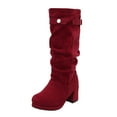thumbnail image 6 of Womens Platform Boots Casual Suede Slouchy Pull on Mid Calf Winter Booties Block Heel Buckle Strap Dress Long Boots Red Size 5.5, 6 of 6