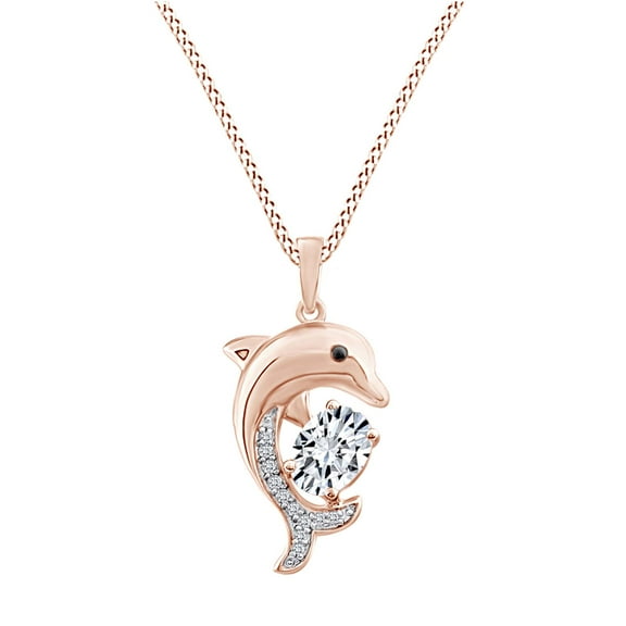 AFFY Oval & Round White,Black Cubic Zirconia Dolphin Pendant Necklace 14k Rose Gold Over Sterling Silver 18" Chain