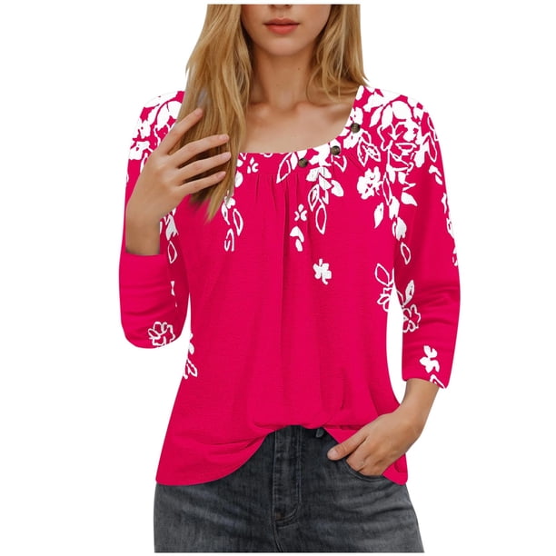 Blusas para las Mujeres Casual, 3/4 Manga Floral Estampado Camiseta de Moda Top Hecho de Poliéster Transpirable Suave para el Uso Diario de Primavera Otoño, Tops de Blusa para las Mujeres