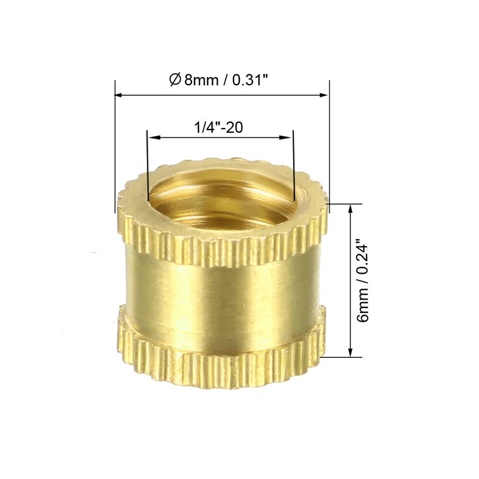 CIRCLE- 10Pcs 1/4"-20 6Mm X 8Mm Brass Knurled Threaded Insert Embedment Nuts