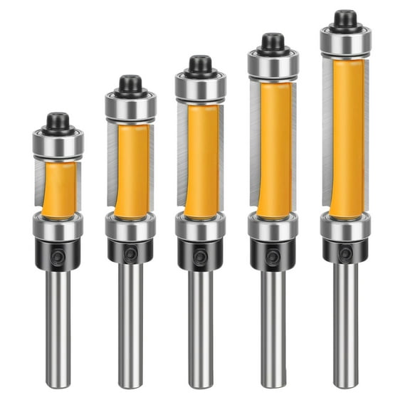 ARCADORA 5pc Flush Trim Router Bit Set 1/4 Shank Carbide For Wood Veneer Laminate Edges Top Bottom Bearing