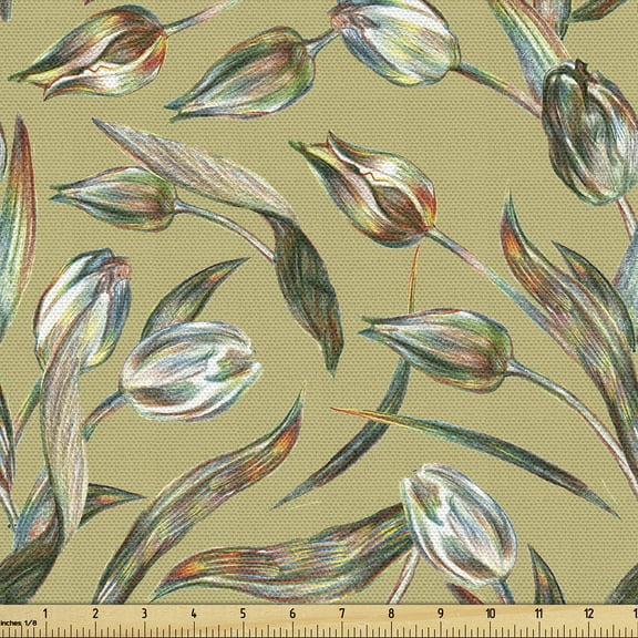 Ambesonne Floral Fabric by the Yard Upholstery, Flower Sketches Leaves Retro, 1 Yard, Pale Khaki Multicolor