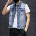 thumbnail image 2 of RYDCOT Denim Vest Men Punk Rock Cowboy Black Jeans Waistcoat Fashion Men Motorcycle Style Lapel Sleeveless Ripped Casual Jeans Jacket Blue, 2 of 9