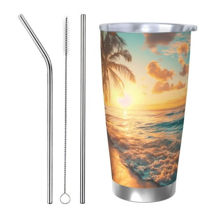 

Salouo Tropical Sunset Beach Scene Print 20oz Tumbler with Lid Stainless Steel Vacuum Insulated Tumbler Durable Insulated Coffee Mug Thermal Cup with Splash Proof Sliding Lid-Straw Three-piece Set