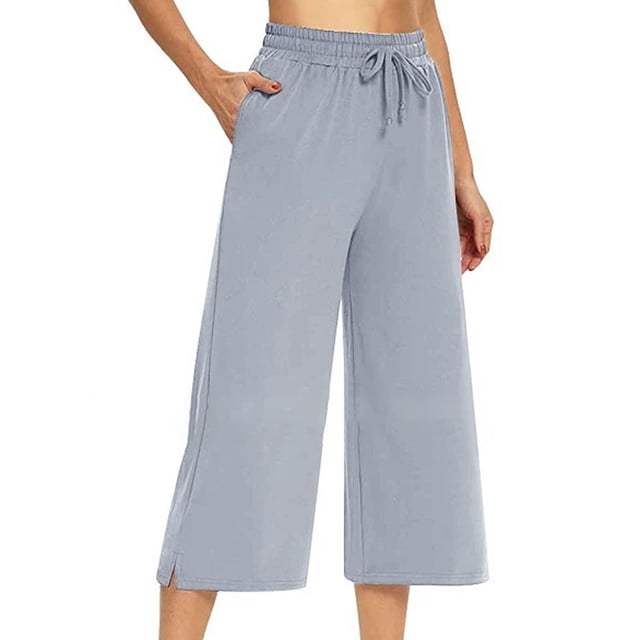 Womens Pants Trendy Spring Summer Casual Solid Color Drawstring Sports Capri Pants Sweatpants Womens Sweatpants Grey M