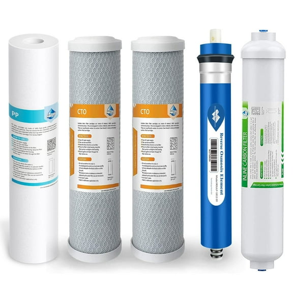Membrane Solutions 50 GPD Reverse Osmosis Replacement Water Filter Pack Set for 5-Stage System, Stage 1 to 5
