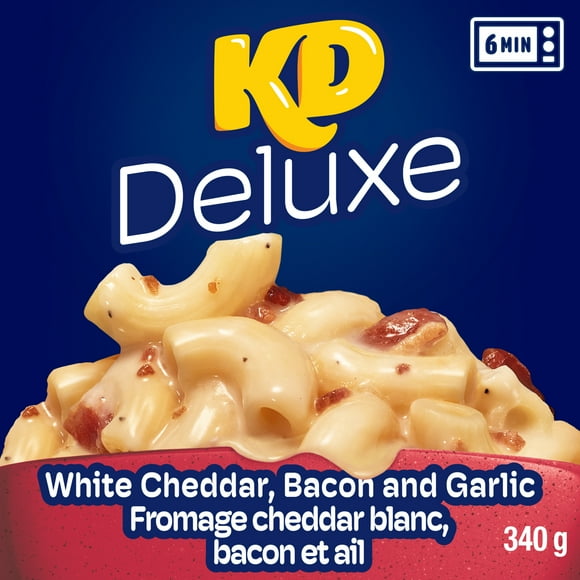 KD Deluxe White Cheddar, Bacon and Garlic Macaroni and Cheese Frozen Dinner, 340 g Box, Kraft Dinner Deluxe Bacon Garlic 340G