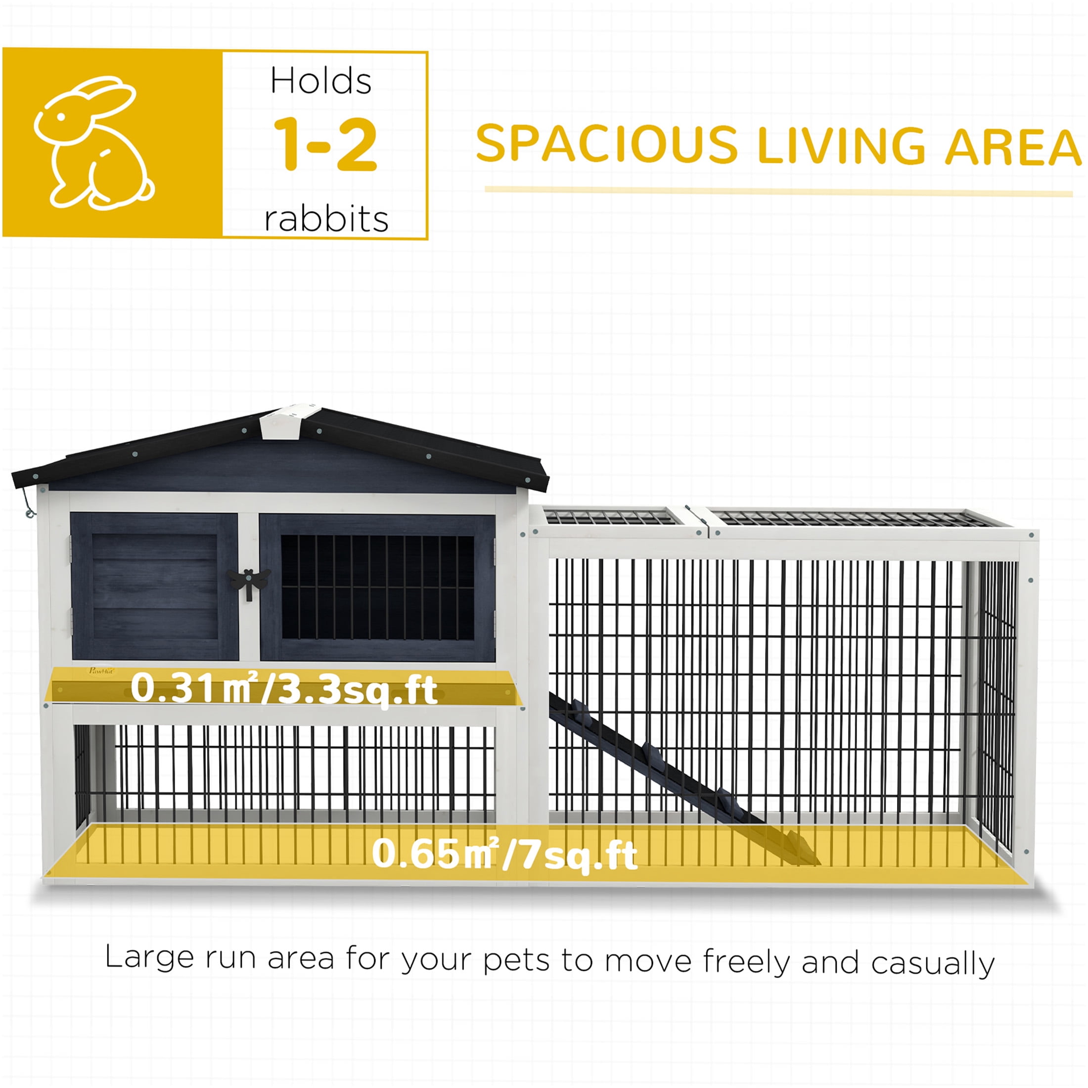 JERFIT 59" Large 2-Tier Outdoor Rabbit Hutch with Weatherproof Asphalt Roof, Removable Tray & Ramp, Gray Wooden Bunny Cage House with Run