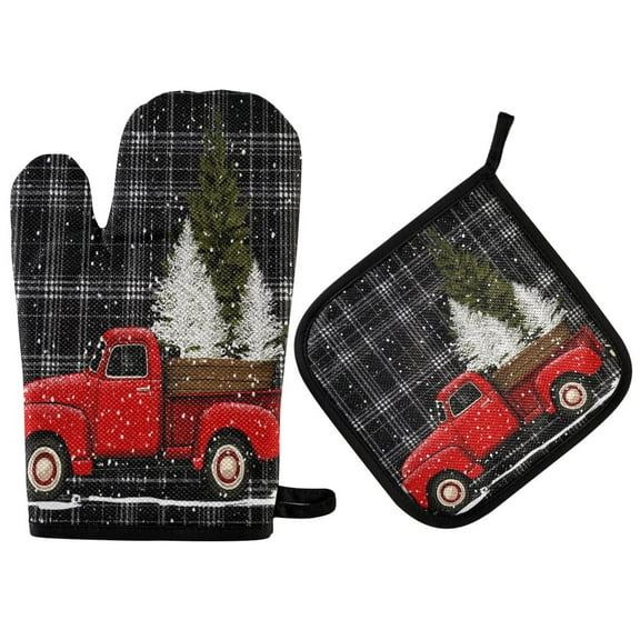 2 PCS Oven Baking Gloves Set Heat Resistant Oven Mitt & Pot Holder Set Cooking Mitts Kitchen Home Supplies Red Truck with Christmas Tree