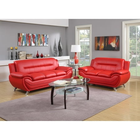 Narra Furnitures Sala Set GTU Furniture Contemporary Modern, Sleek Chic and Plush and Faux Leather Rich Red, Over-Stuffed Loveseat Sofa, Sofás de Sala ()