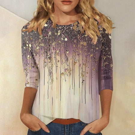 Patlollav 3/4 Length Sleeve Womens Tops 2025 Summer Round Neck Shirts Three Quarter Sleeve Tshirts