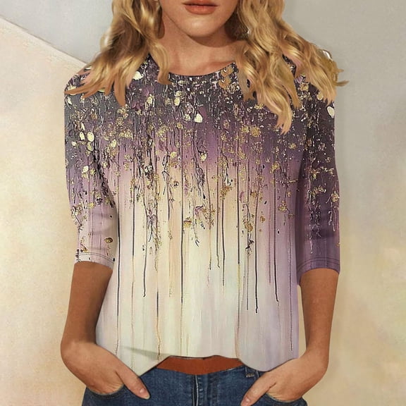 Jsaierl Women's 3/4 Sleeve Tops Plus Size Crew Neck Shirts Boho Floral Petite Blouses Flowy Elegant T-shirts Top S-3XL