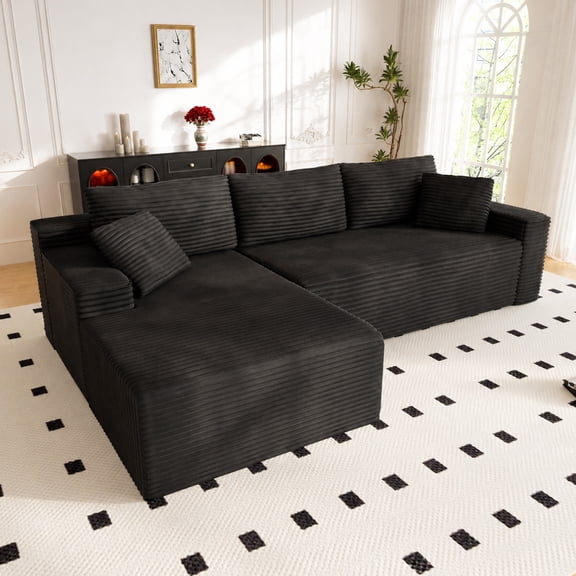 Lunale 105" Modular L-Shaped Sectional Sofa, Boneless Cloud Couch, No Assembly Required, Modern Deep Seat Corduroy Sofa for Living Room, Black (Left Facing Chaise)