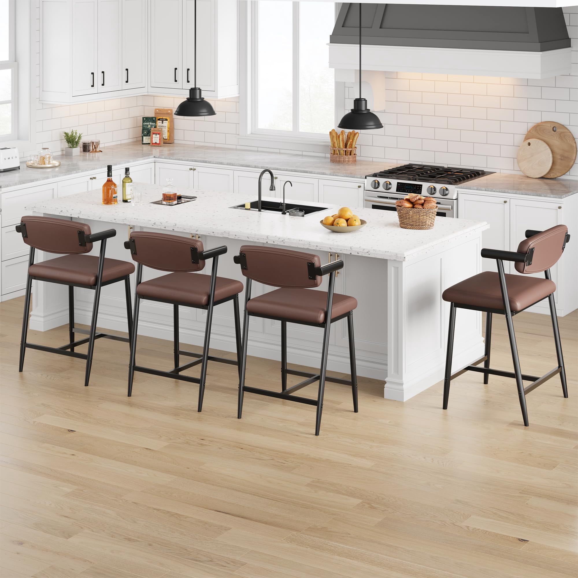 Bar Stools Set of 2, 37 inch Seat Height Bar Stools, Upholstered Barstools with Back and Footrest, Counter Stools for Kitchen Island, Bar Pub