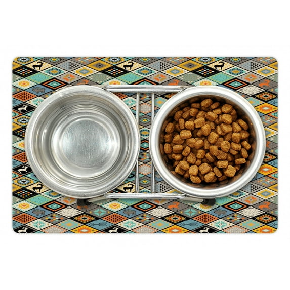 Tribal Pet Mat for Food and Water, Primitive Culture Composition with Different Motifs Elk and Bulls Folk Mosaic, Non-Slip Rubber Mat for Dogs and Cats, 18" X 12", by Ambesonne