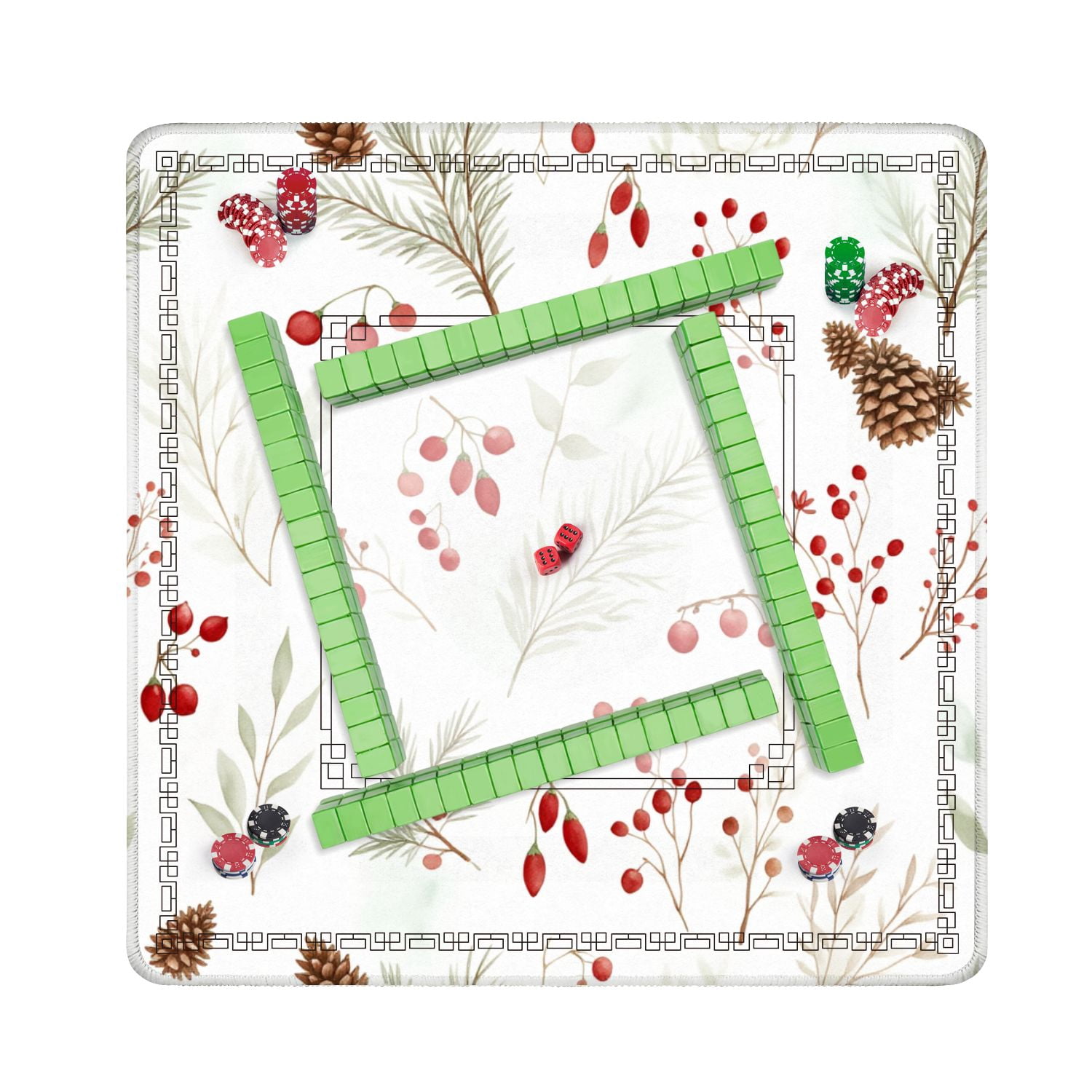 Mahjong Mat 31.5" x 31.5" Christmas seamless red berries green fir twigs cones white Non-Slip Noise Reduction American Mahjong Tiles Table Cover for Dominoes Poker Card Board Games Gift