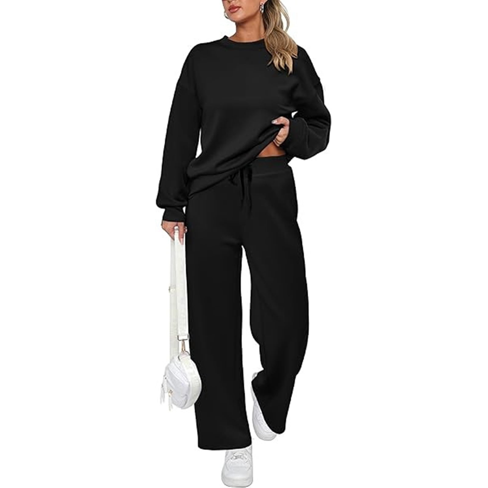 Womens 2 Piece Plus Size Lounge Sweatsuits Sets Long Sleeve Drawstring Sweatshirt Wide Leg Sweatpants Solid Color Loose Outfits Dressy Fall Winter Matching Sets with Pockets 2025 Black 2XL - image 2