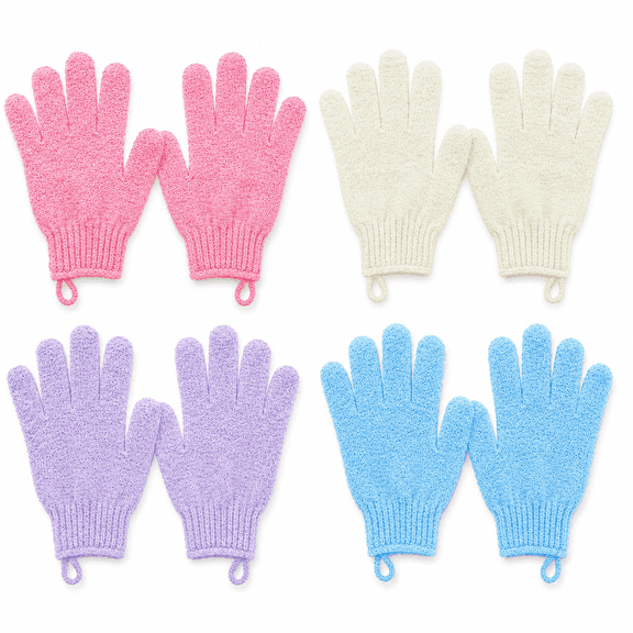 4 Pairs Body Exfoliating Gloves for Shower, Bath Scrub Wash Mitt for Women, Men, Spa, Massage (Pink, Purple, Blue, Beige)