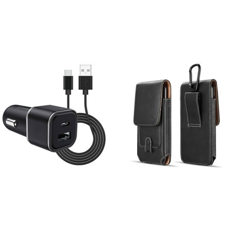 Holster and Car Charger Bundle for Motorola Edge+ (2022): Vertical Magnetic Belt Pouch Case (Black) and Compact High Power 30W Dual USB Port (Type-C & USB-A) Auto Power Adapter