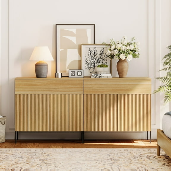 63" Wood Drawer Reeded Dresser for Bedroom Set of 2, Minimalist Modern Cabinet, Storage Dresser Organizer for Bedroom Living Room Hallway Closet