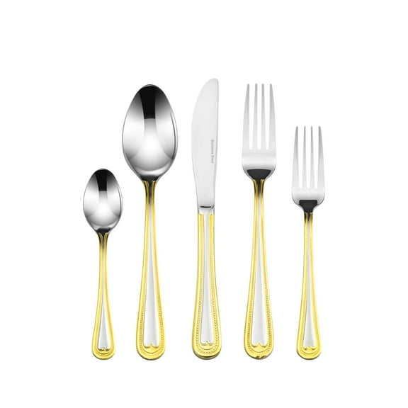 Florentia Collection 75-Piece Cutlery Set 'Soderini' Luxury Surgical Stainless Steel Silverware Flatware Set 18/10, Service for 12 Person, 24K Gold-Plated Hostess Serving Set in a Cherry Wooden Case