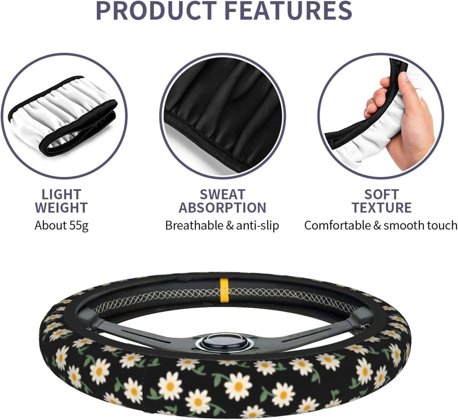 Daisy Flower Steering Wheel Cover for Women - Cute Anti-Slip Breathable Universal 14-15 Inch Car Wheel Cover with 2 Matching Coasters Set, Soft Comfort Grip Accessories