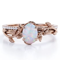 JeenMata Prong Setting 1.5 Carat Ovate Rainbow Opal and Moissanite Leaf Design Wedding Ring Set in 18K Rose Gold Plating over Silver